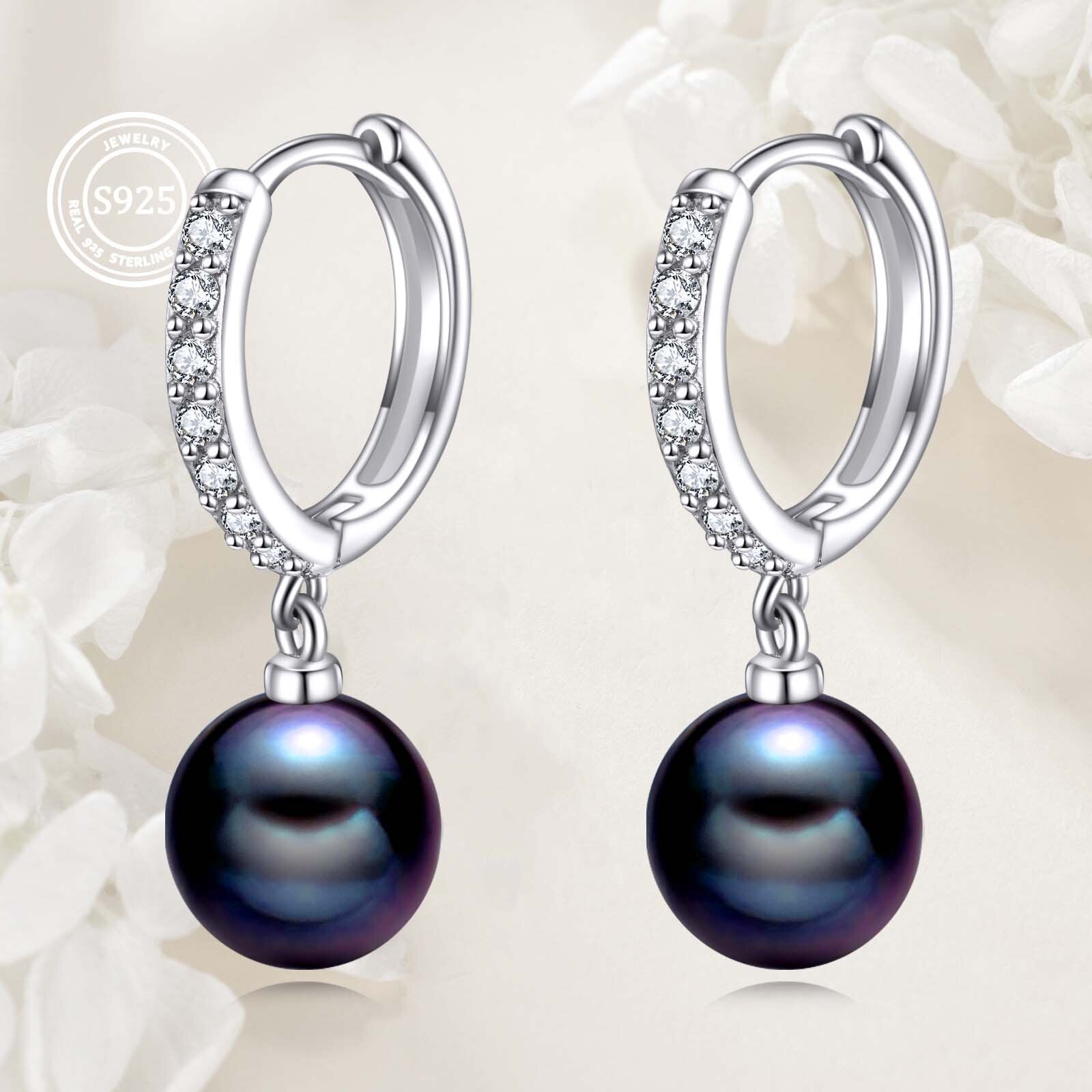 925 Sterling Silver Black Synthetic Pearl Hoop Earrings Dangle Drop Jewelry Gifts for Women (Black Synthetic Pearl-CZ)