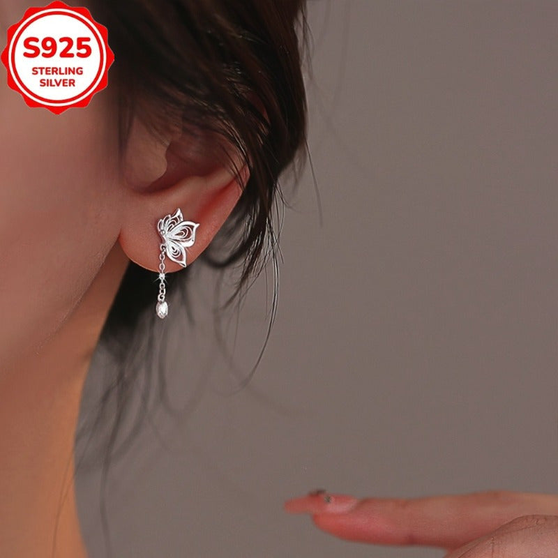 (2pcs) 925 Sterling Silver Butterfly Hollow Flower Bud Chain Tassel Earrings, Suitable for Daily Party Matching, The Best Gift for Ladies