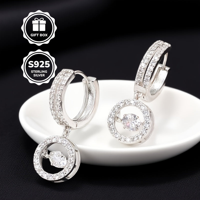 S925 Silvery Plated Sticker Earrings Charming Dancing Cubic Synthetic Zirconia Pendant Earrings Ladies' Shiny Circular Halo Cz Pendant Earrings, Clear Fashionable Jewelry Daughter's Mother's Birthday Party Gift