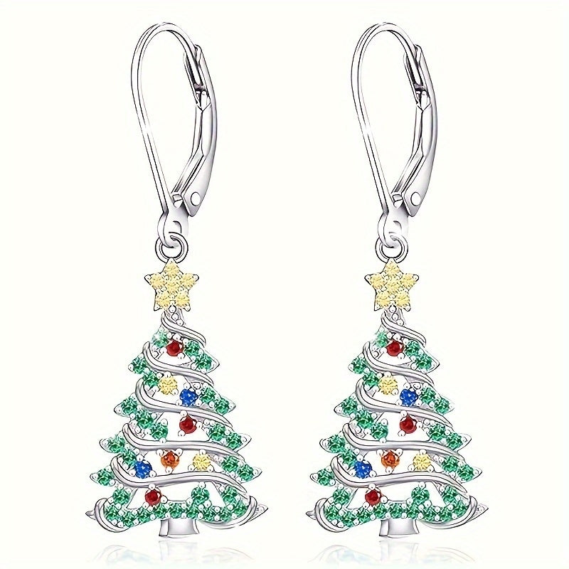Elegant Christmas Tree Pendant Earrings Set with Shiny Cubic Synthetic Zirconia Nickel Free Copper, Suitable for Daily Wear And Parties