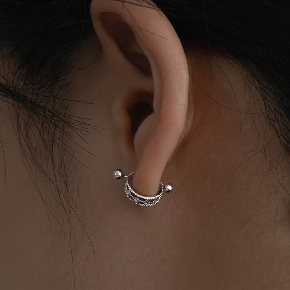 EJG Women's Hollow Star Half Round Earrings, Urban Fashion Sparkling Style, Light Luxury Niche, 925 Silver Bone Earrings Round Earrings, Hypoallergenic, Suitable for Daily, Back to and Festive Occasions