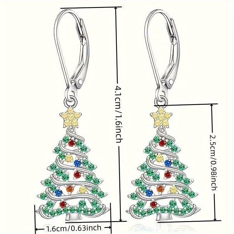 Elegant Christmas Tree Pendant Earrings Set with Shiny Cubic Synthetic Zirconia Nickel Free Copper, Suitable for Daily Wear And Parties