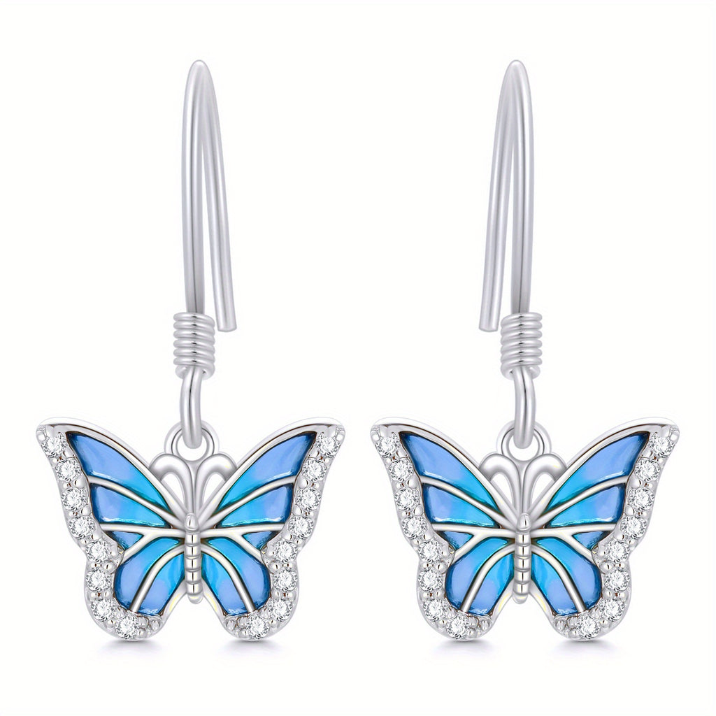 SISGEM 10k White Golden Blue Butterfly Drop Earrings for Women - Elegant Dangle Jewelry with Sparkling Accents, Perfect Gift for Her, Everyday & Special Occasions, Butterfly Earrings