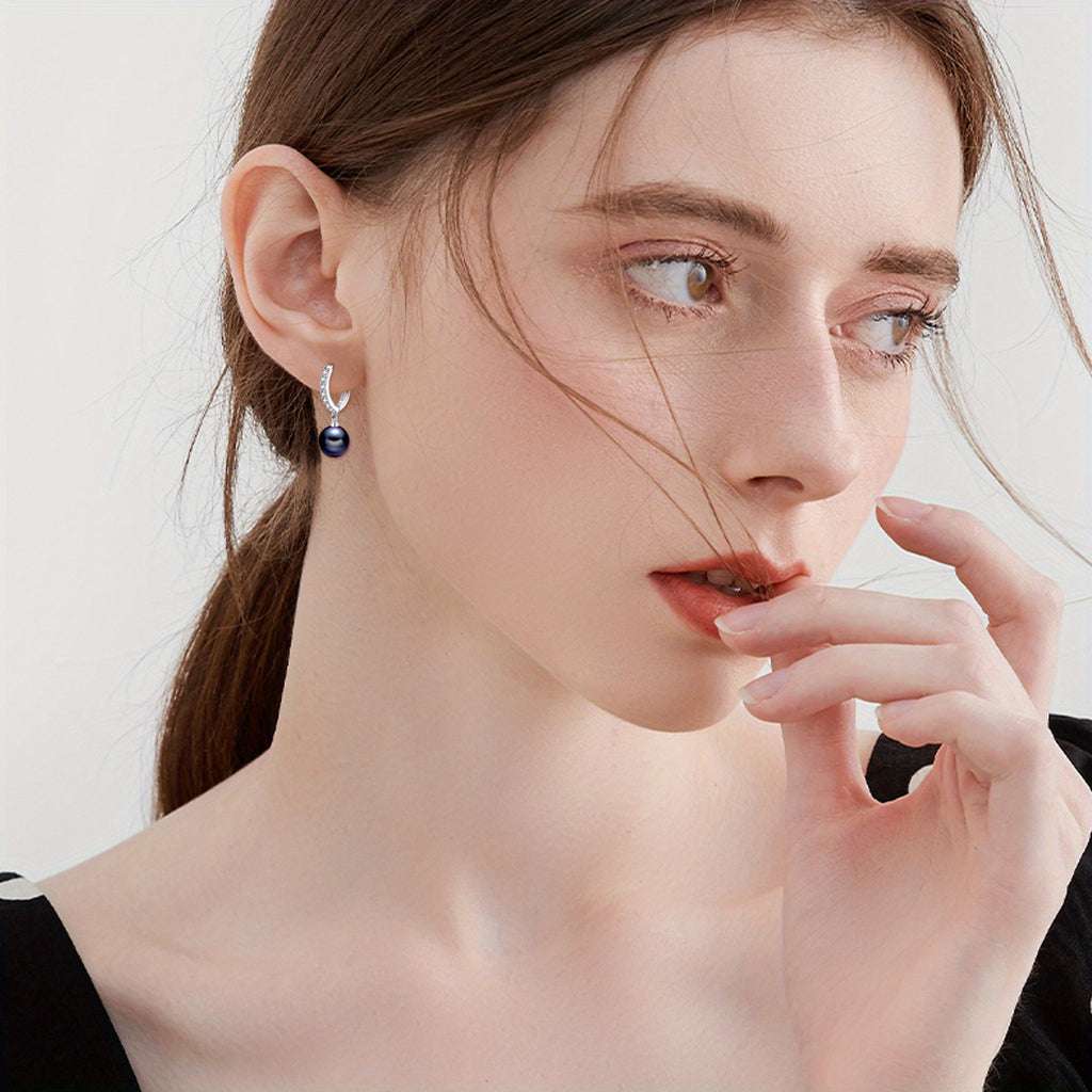 VONALA 925 Sterling Silver Black Synthetic Pearl Hoop Earrings with Sparkling Rhinestones - Dangle Drop Jewelry for Women, Elegant Gift for Christmas and Daily Wear, Christmas Earrings | Elegant Dangle Earrings | Rhinestone Accents, Pearl Earrings