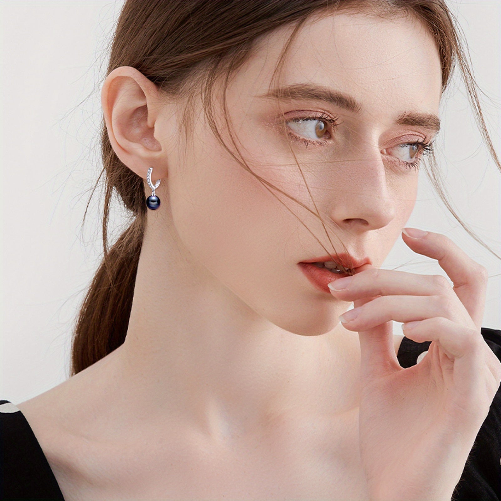 VONALA 925 Sterling Silver Black Synthetic Pearl Hoop Earrings with Sparkling Rhinestones - Dangle Drop Jewelry for Women, Elegant Gift for Christmas and Daily Wear, Christmas Earrings | Elegant Dangle Earrings | Rhinestone Accents, Pearl Earrings